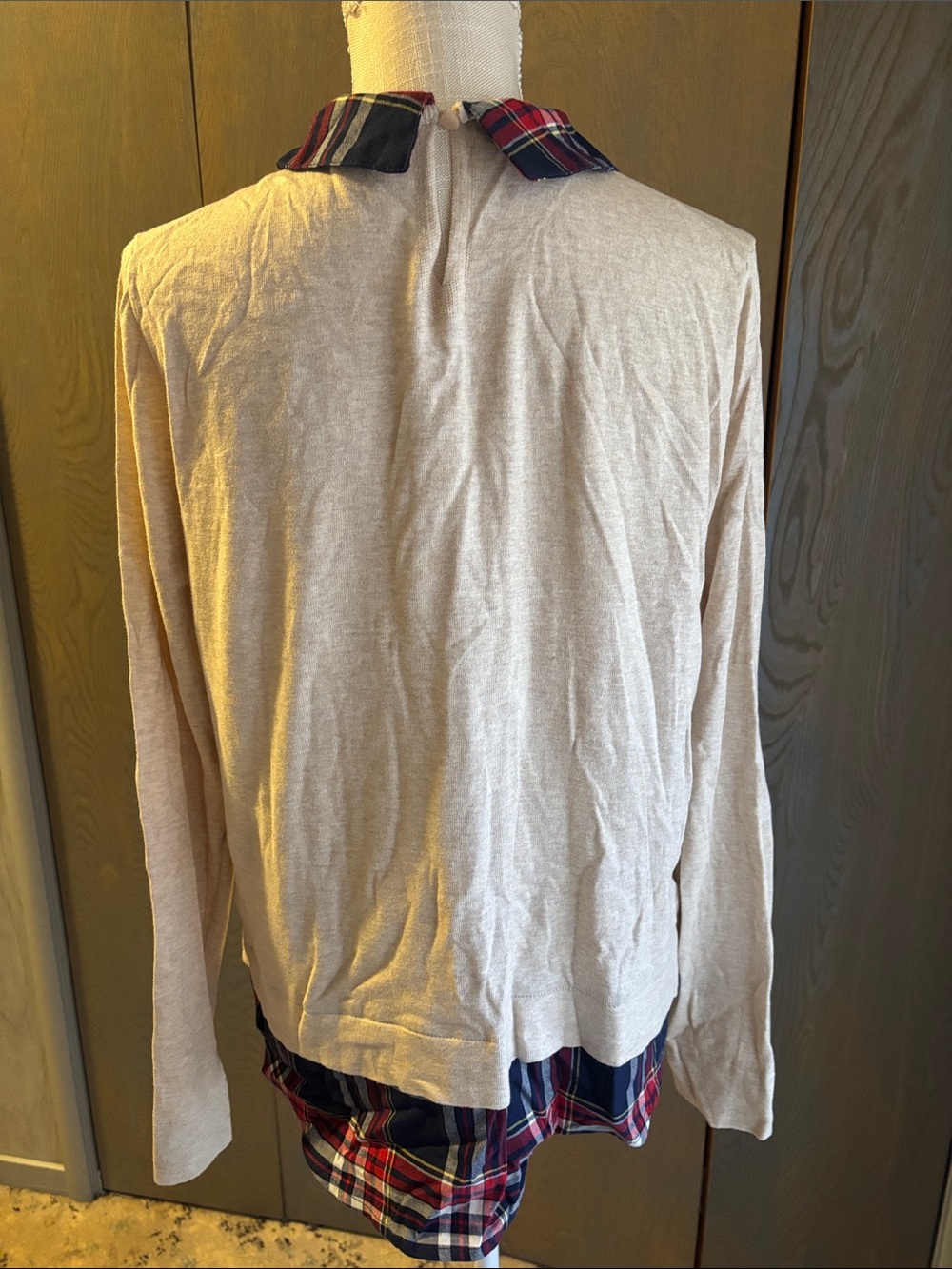 J Crew Layered Look Sweater Plaid Collared Knit Tan Red Blue Retro Twofer - Picture 4 of 6